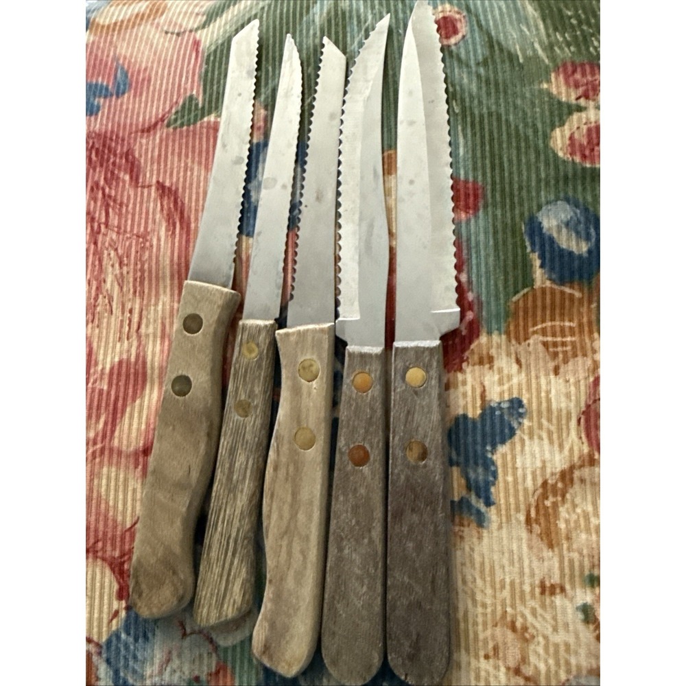 5 Vintage Robinson/ Unbranded 8" Serrated Knife W/ Wood Handles Stainless Steel